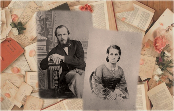 O imagine cu Feodor Dostoievski și cu soția lui, Anna, iar pe fundal sunt cărți deschise și petale de trandafiri